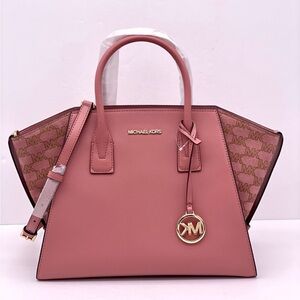 Michael Kors Avril Large Satchel Shoulder Leather Bag Pink Rose